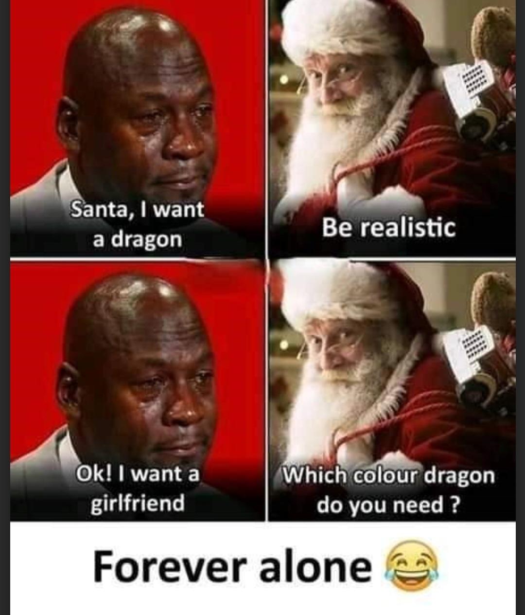 Santa, I want
a dragon
Ok! I want a
girlfriend
Be realistic
www
******
******
Which colour dragon
do you need?
Forever alone