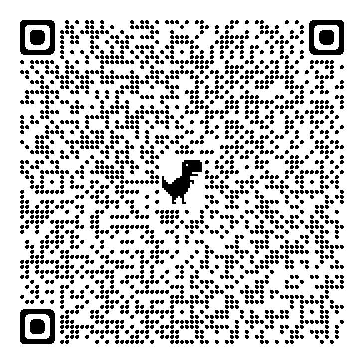 A black and white QR code with a small dinosaur icon in the center.