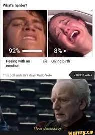 What's harder?
8%
Ⓒ Giving birth
92%
Peeing with an
erection
This pollends in 7 days Undo Vote
I love democracy
218,337 votes
ifunny.co