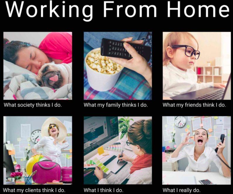 Working From Home
What society thinks I do.
What my clients think I do.
What my family thinks I do.
LOGO
What I think I do.
What my friends think I do.
What I really do.