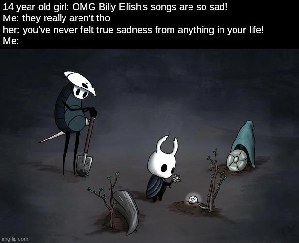 14 year old girl: OMG Billy Eilish's songs are so sad!
Me: they really aren't tho
her: you've never felt true sadness from anything in your life!
Me:
imgflip.com