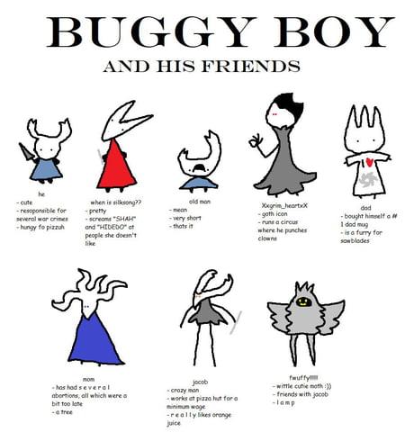 BUGGY BOY
AND HIS FRIENDS
-cute
-responsible for
several war crimes
-hungy to pizzuh
when is silksong??
-pretty
-screams "SHAH"
and "HIDEDO" at
people she doesn't
like
mom
-has had several
abortions, all which were a
bit too late
- free
old mon
mean
- very short
-thats it
jocob
crazy man
-works et pizza hut for a
minimum wage
-really likes orange
juice
Xxgrim heartxx
- goth icon
-runs a circus
where he punches
clowns
fuffy
-wittle cutie moth :))
-friends with jacob
-lamp
dad
-bought himself a #
1 dod mug
-is a furry for
sowblodes