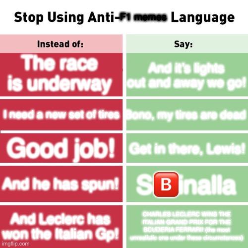 Stop Using Anti-F1 memes Language
Instead of:
Say:
The race
And it's lights
is underway out and away we go!
I need a new set of tires Bono, my tires are dead
Good job!
And he has spun!
And Leclerc has
won the Italian Gp!
imgflip.com
Get in there, Lewis!
SBinalla
CHARLES LECLERC WING THE
ITALIAN GRAND PRIX FOR THE
SCUDERIA FERRARI (the most
under these circumstance