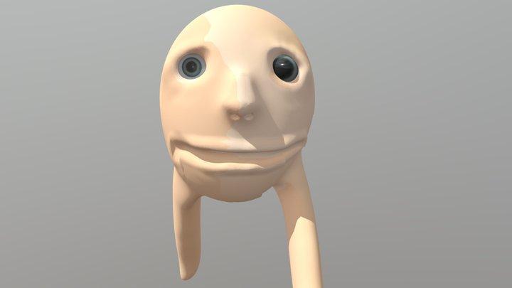 A 3D rendered image of a pale, humanoid figure with a large head, wide eyes, and a small, downturned mouth, with long arms hanging down. The background is a solid gray color.