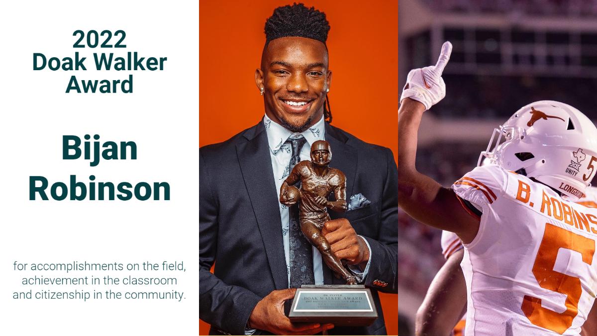 2022
Doak Walker
Award
Bijan
Robinson
for accomplishments on the field,
achievement in the classroom
and citizenship in the community.
DOAK WRITE AWARD
6550
XI
UNITY
LONGH
B. ROBINE