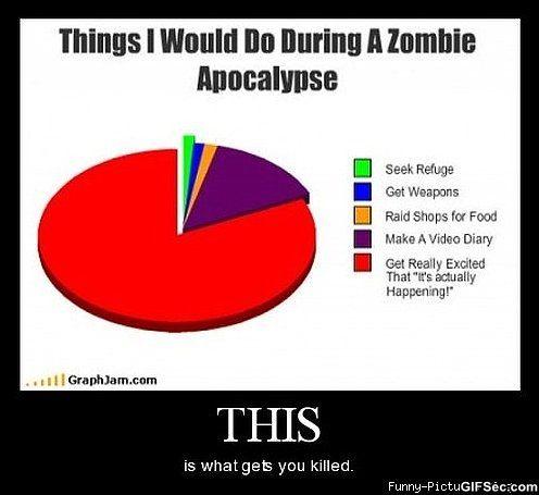 Things I Would Do During A Zombie
Apocalypse
GraphJam.com
THIS
is what gets you killed.
Seek Refuge
Get Weapons
Raid Shops for Food
Make A Video Diary
Get Really Excited
That "it's actually
Happening!"
Funny-PictuGIFSéc.com