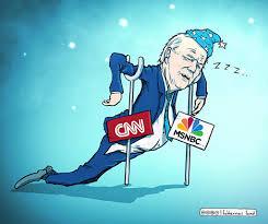 A caricature shows Joe Biden with a sleeping cap, leaning on crutches labeled CNN and MSNBC, and a speech bubble with zzz's.