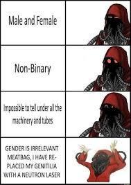 Male and Female
Non-Binary
Impossible to tell under all the
machinery and tubes
GENDER IS IRRELEVANT
MEATBAG, I HAVE RE-
PLACED MY GENITILIA
WITH A NEUTRON LASER