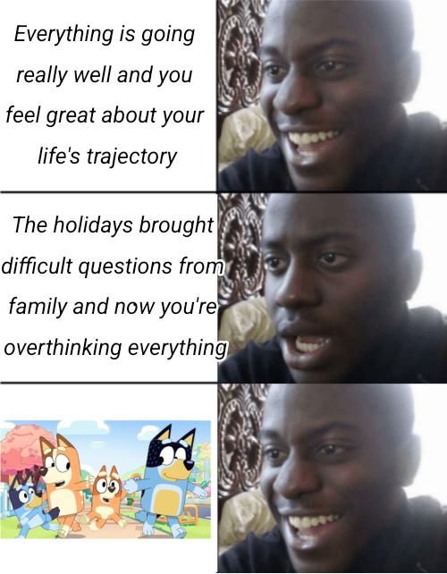 Everything is going
really well and you
feel great about your
life's trajectory
The holidays brought
difficult questions from
family and now you're
overthinking everything
M