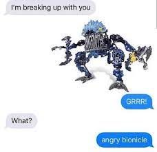 I'm breaking up with you
What?
GRRR!
angry bionicle