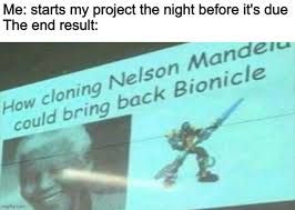 Me: starts my project the night before it's due
The end result:
How cloning Nelson Mandela
could bring back Bionicle