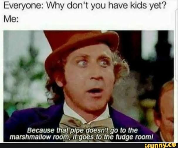 Everyone: Why don't you have kids yet?
Me:
Because that pipe doesn't go to the
marshmallow room, It goes to the fudge room!
ifunny.co