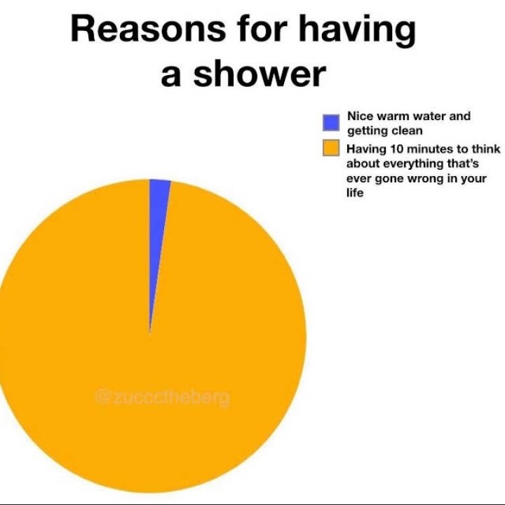 Reasons for having
a shower
@zuccctheberg
Nice warm water and
getting clean
Having 10 minutes to think
about everything that's
ever gone wrong in your
life