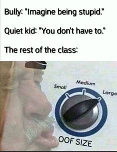 Bully: "Imagine being stupid."
Quiet kid: "You don't have to."
The rest of the class:
Small
Medium
OOF SIZE
Large