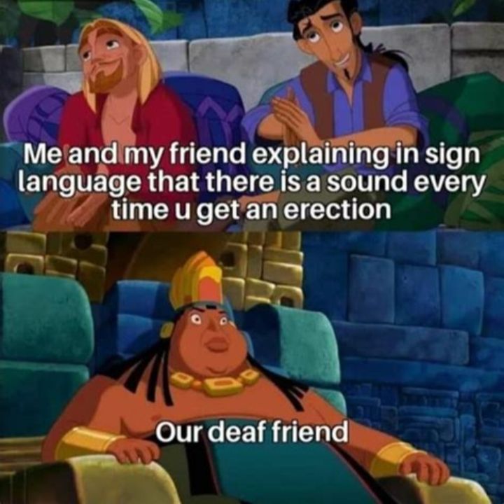 Me and my friend explaining in sign
language that there is a sound every
time u get an erection
Our deaf friend