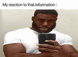 A man with a beard holds a cell phone and looks at the camera. Above his head it reads "My reaction to that information:".