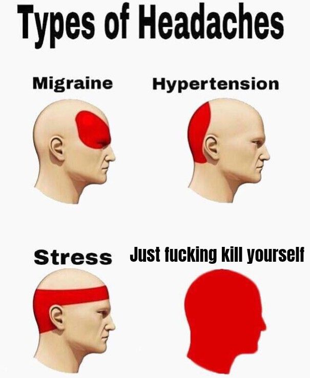 Types of Headaches
Migraine Hypertension
Stress Just fucking kill yourself