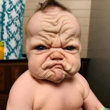 A baby with an extremely grumpy facial expression, furrowed brow, and pursed lips is looking directly at the camera.