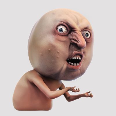 A 3D render of the 'Y U No' guy meme with a bald head and an angry expression, with his hands spread in a gesture of confusion.