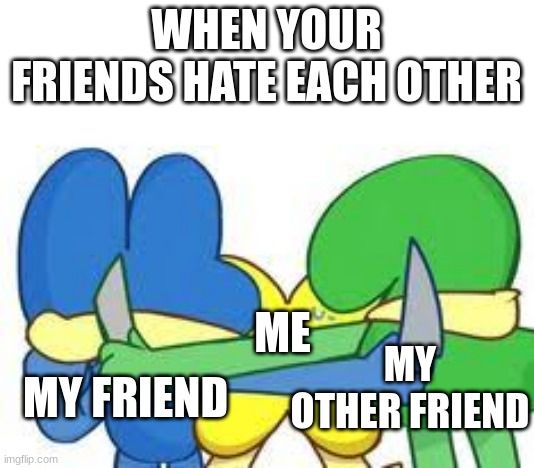 WHEN YOUR
FRIENDS HATE EACH OTHER
ME
MY
MY FRIEND OTHER FRIEND
imgflip.com