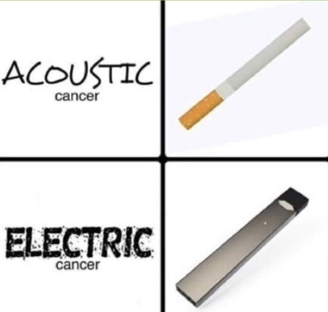 The image is divided into four squares. The top left square contains the word "ACOUSTIC" in black handwritten font and the word "cancer" underneath in smaller black handwritten font. The top right square shows an image of a cigarette. The bottom left square contains the word "ELECTRIC" in black handwritten font and the word "cancer" underneath in smaller black handwritten font. The bottom right square shows a picture of a Juul.