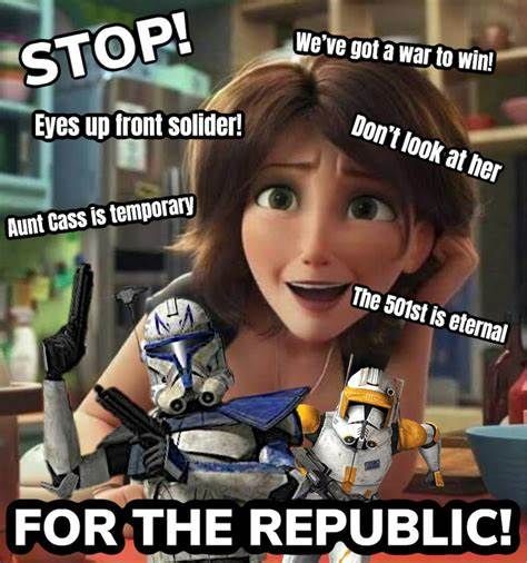 The image shows a cartoon woman with two clone troopers in front of her. The text on the image says "STOP! Eyes up front soldier! Aunt Cass is temporary. We've got a war to win! Don't look at her. The 501st is eternal. FOR THE REPUBLIC!"