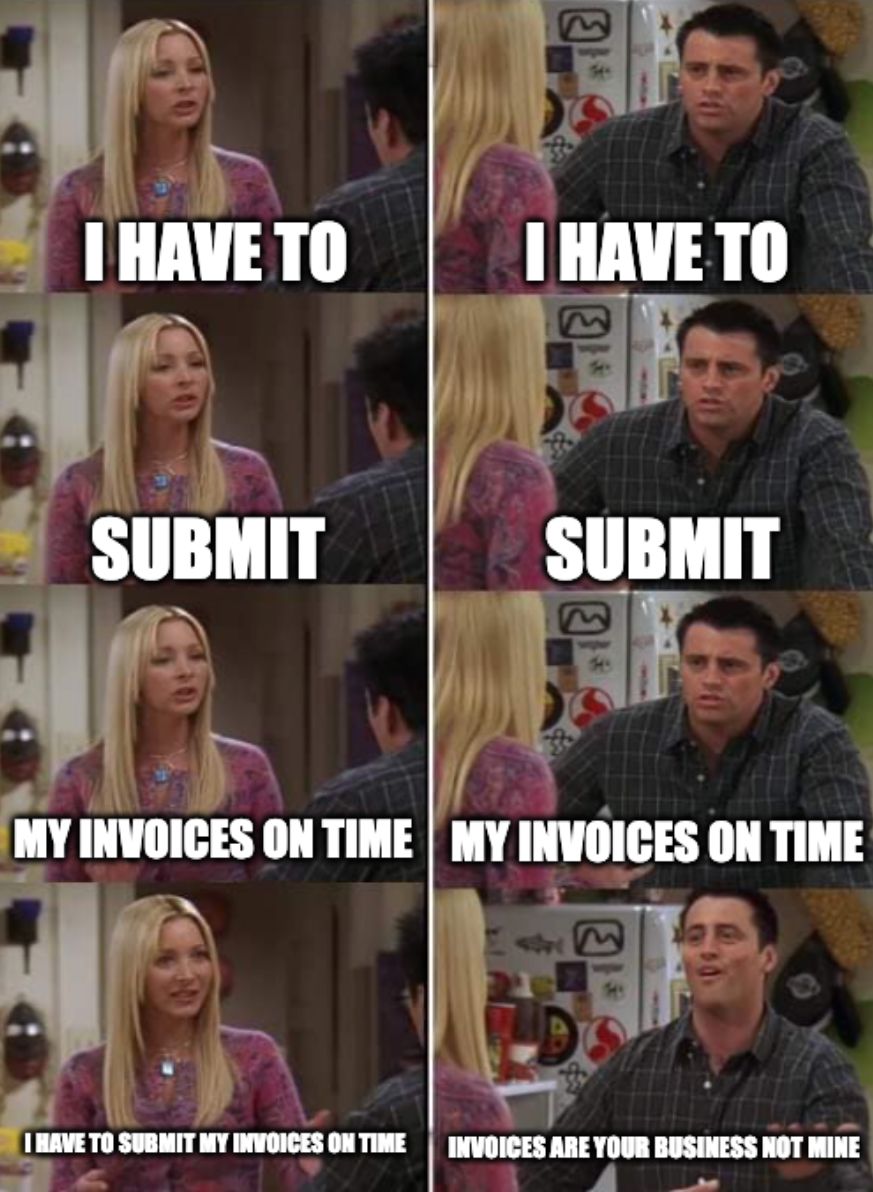 The image shows two characters from the show Friends. In the first three rows, the character on the left (Phoebe) says 'I HAVE TO' then 'SUBMIT' and finally 'MY INVOICES ON TIME'. The character on the right (Joey) says the same thing. In the last row, Phoebe says, 'I HAVE TO SUBMIT MY INVOICES ON TIME' and Joey responds 'INVOICES ARE YOUR BUSINESS NOT MINE'.