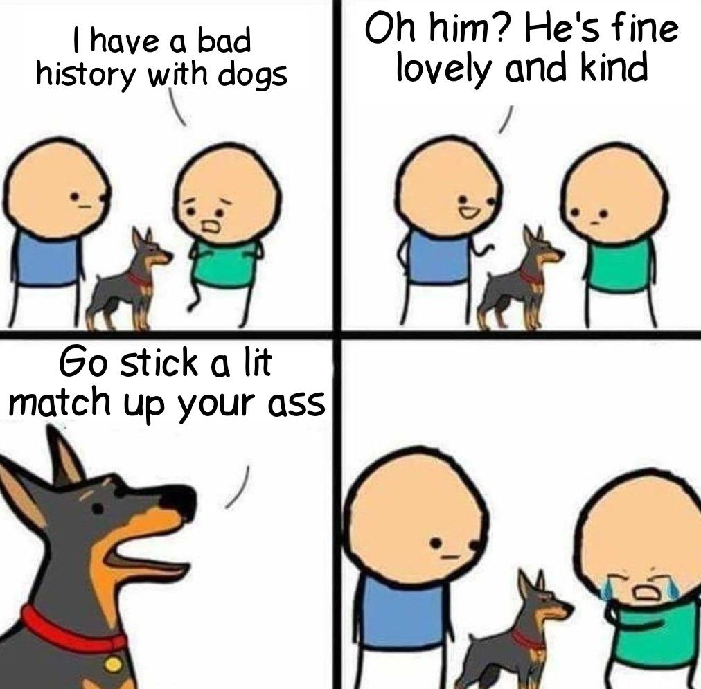 I have a bad
history with dogs
1.0.
Go stick a lit
match up your ass
Oh him? He's fine
lovely and kind