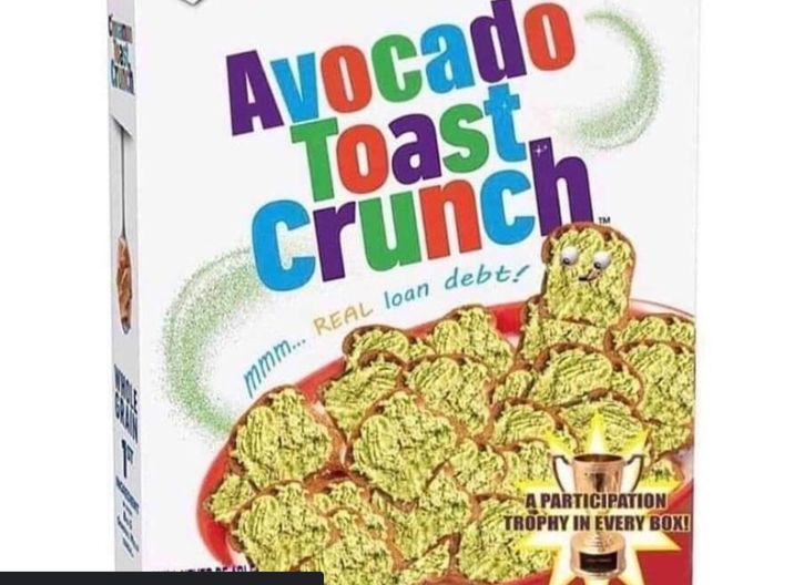 Avocado
Toast.
Crunch
mmm... REAL loan debt!
A PARTICIPATION
TROPHY IN EVERY BOX!