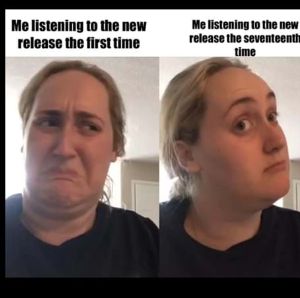 Me listening to the new
release the first time
Me listening to the new
release the seventeenth
time