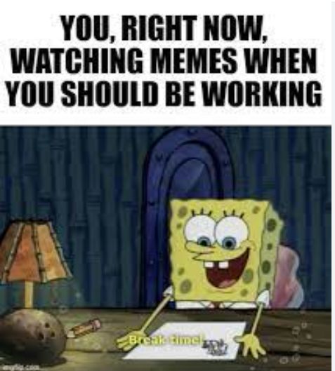 YOU, RIGHT NOW,
WATCHING MEMES WHEN
YOU SHOULD BE WORKING
Break timel