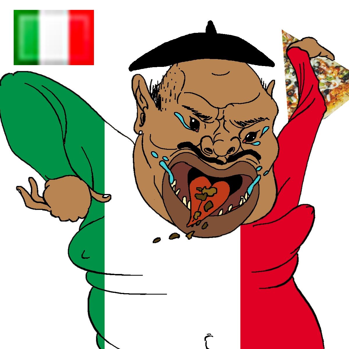 A caricature of a person with brown skin, a black hat, and a mustache. They're crying and drooling, with a heart-shaped opening in their mouth containing what looks like brown filth. The figure is partially covered by the Italian flag, and a piece of pizza is visible in their right hand. The Italian flag is also shown in the upper left.