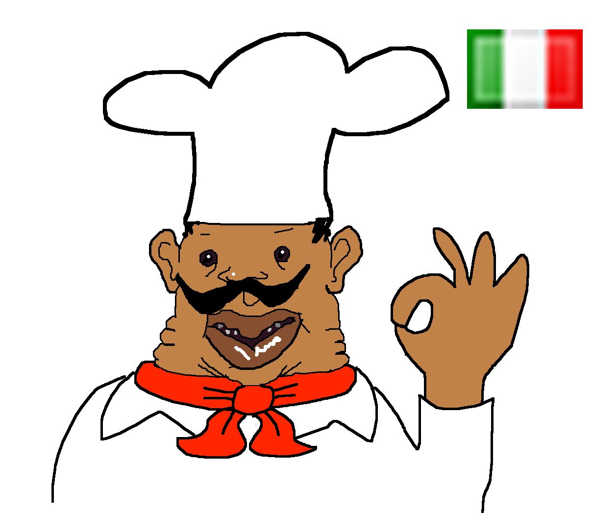 A cartoon drawing of a chef with dark skin, a black mustache, and a white chef's hat. He has a red scarf and is making an 'OK' hand gesture. In the upper right corner, there is a blurred Italian flag.