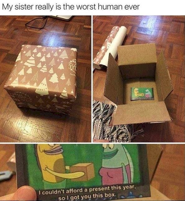 My sister really is the worst human ever
I couldn't afford a present this year,
so I got you this box.