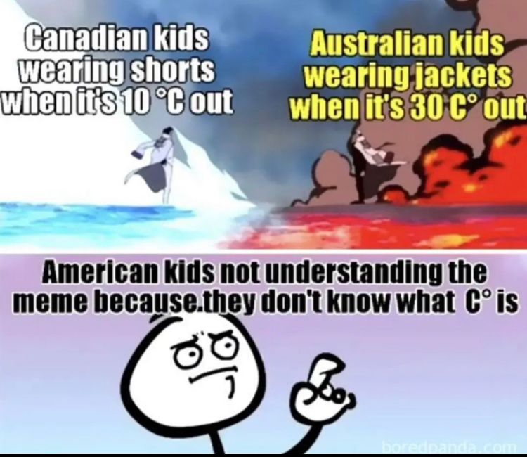 Canadian kids
wearing shorts
when it's 10 °C out
Australian kids
wearing jackets
when it's 30 C° out
American kids not understanding the
meme because.they don't know what C° is
boredoanda.com