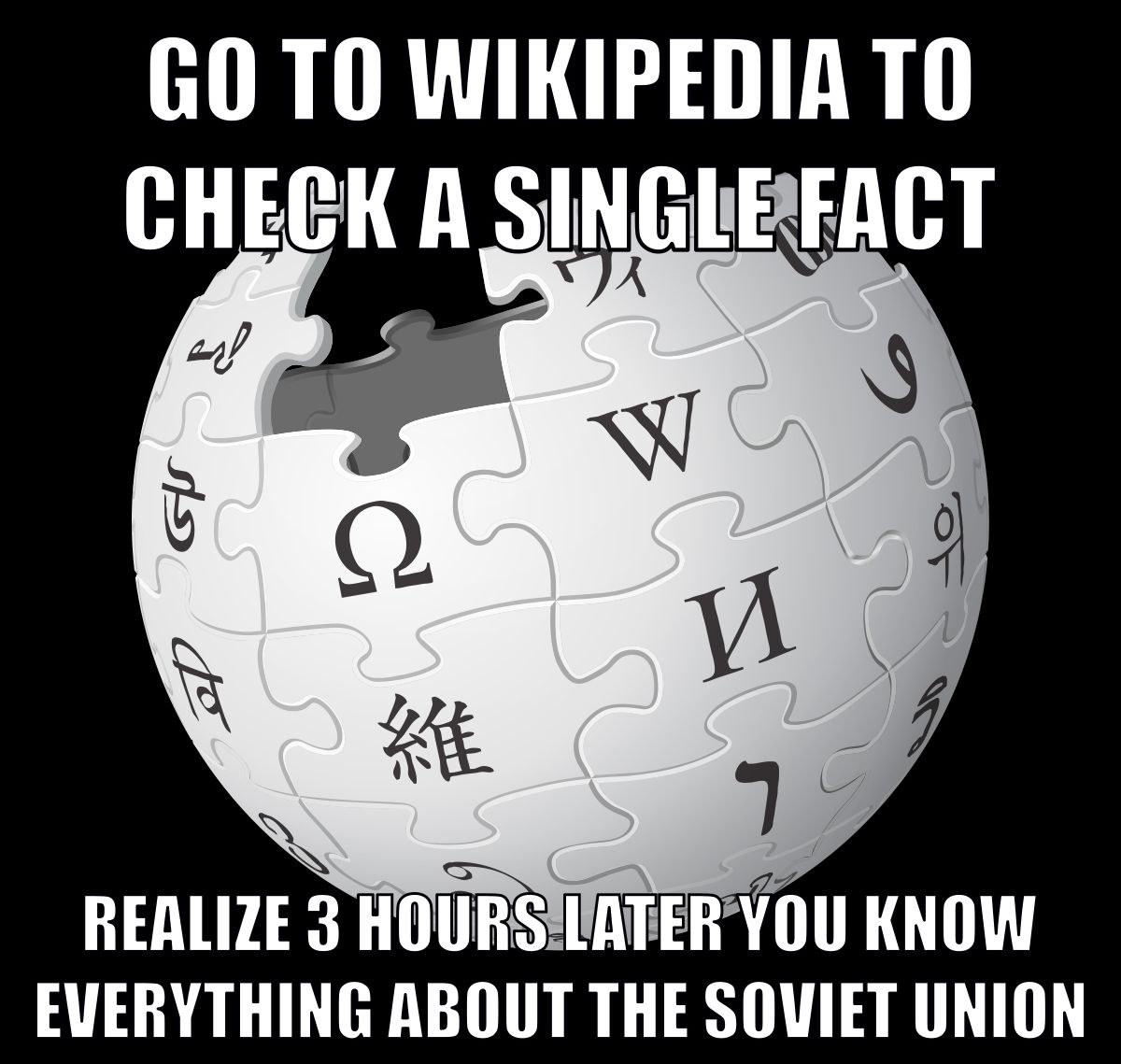 GO TO WIKIPEDIA TO
CHECK A SINGLE FACT
ウィ
ed
S
دار
to
Ω
W
И
7
REALIZE 3 HOURS LATER YOU KNOW
EVERYTHING ABOUT THE SOVIET UNION
維
5