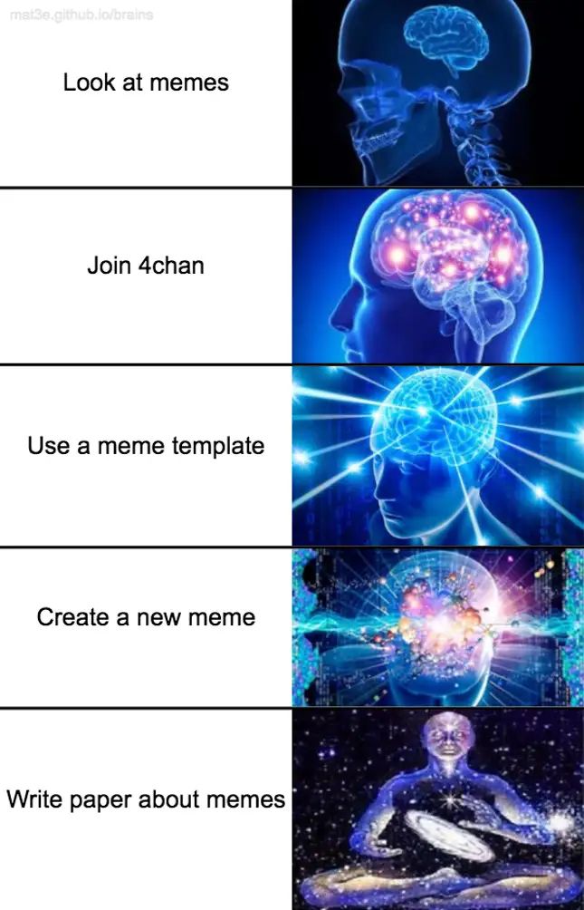 mat3e.github.io/brains
Look at memes
Join 4chan
Use a meme template
Create a new meme
Write paper about memes