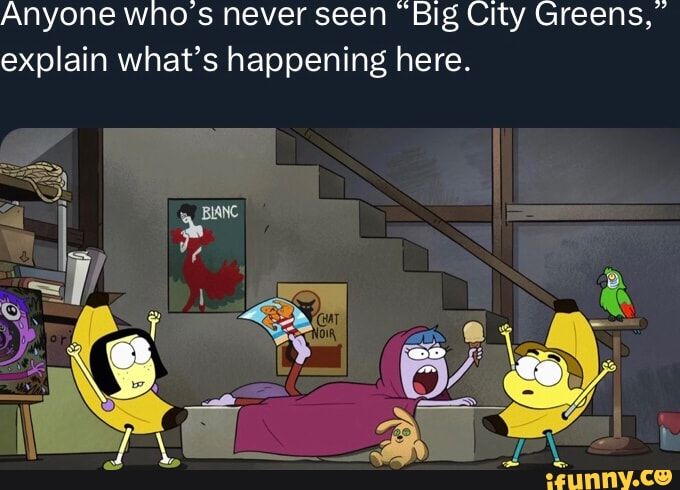 Anyone who's never seen "Big City Greens,"
explain what's happening here.
or
bo
BLANC
CHAT
NOIR
ifunny.co