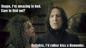 Snape, I'm amazing in bed.
Care to find out?
Bellatrix, I'd rather kiss a Dementor.