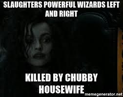 SLAUGHTERS POWERFUL WIZARDS LEFT
AND RIGHT
KILLED BY CHUBBY
HOUSEWIFE memegenerator.net