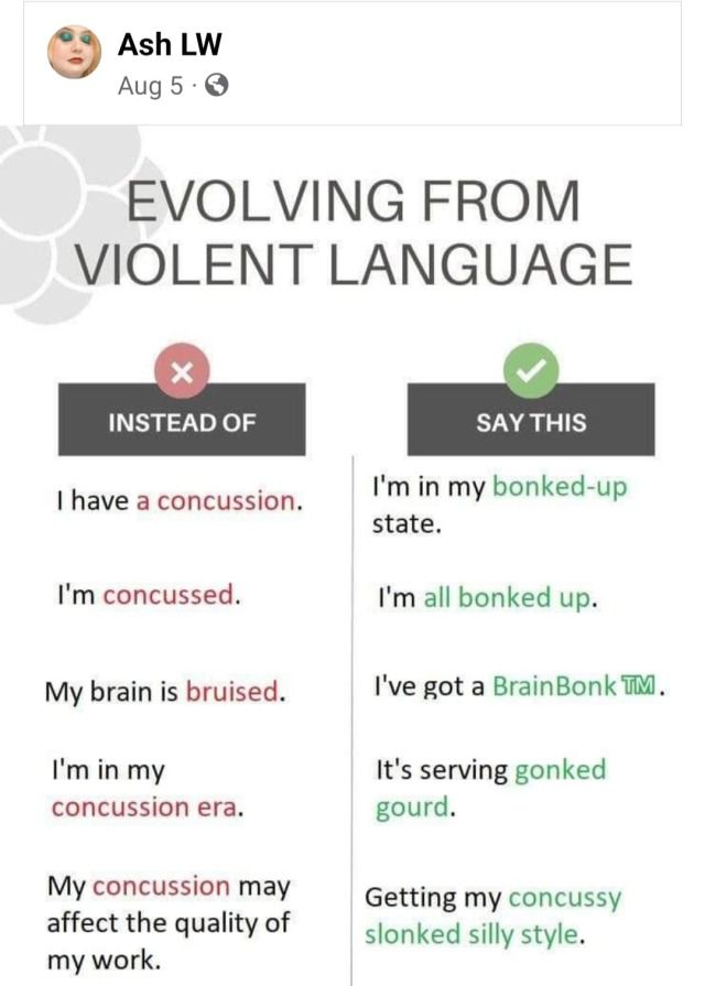 Ash LW
Aug 5
EVOLVING FROM
VIOLENT LANGUAGE
INSTEAD OF
I have a concussion.
I'm concussed.
My brain is bruised.
I'm in my
concussion era.
My concussion may
affect the quality of
my work.
SAY THIS
I'm in my bonked-up
state.
I'm all bonked up.
I've got a BrainBonk TM.
It's serving gonked
gourd.
Getting my concussy
slonked silly style.