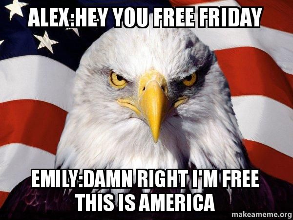 ALEX:HEY YOU FREE FRIDAY
EMILY:DAMN RIGHT I'M FREE
THIS IS AMERICA
makeameme.org