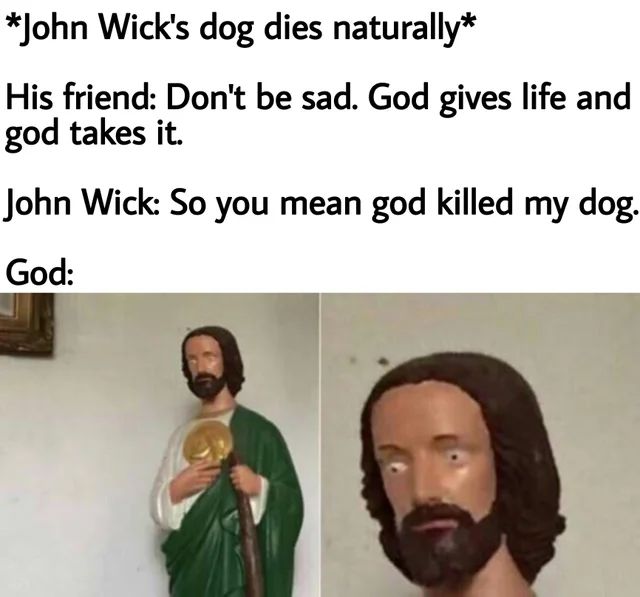 *John Wick's dog dies naturally*
His friend: Don't be sad. God gives life and
god takes it.
John Wick: So you mean god killed my dog.
God: