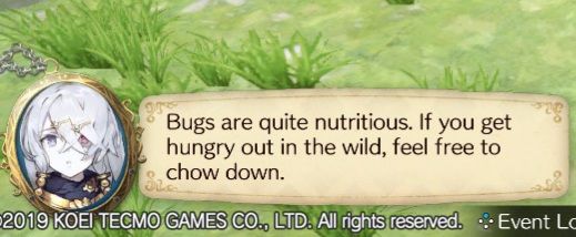 Bugs are quite nutritious. If you get
hungry out in the wild, feel free to
chow down.
2019 KOEI TECMO GAMES CO., LTD. All rights reserved. Event Lo