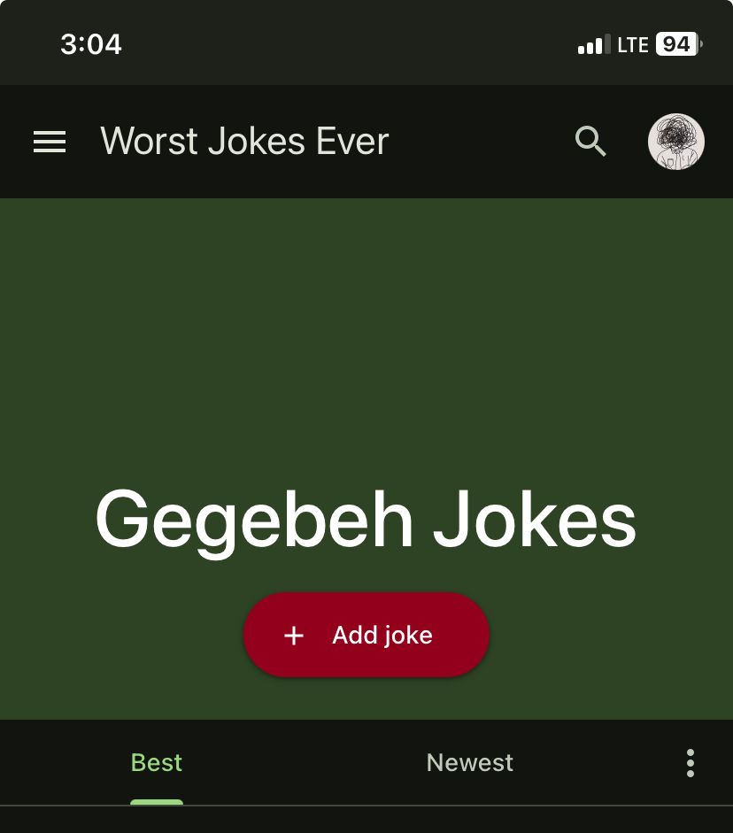 3:04
= Worst Jokes Ever
Best
Gegebeh Jokes
+ Add joke
Q
Newest
LTE 94
⠀