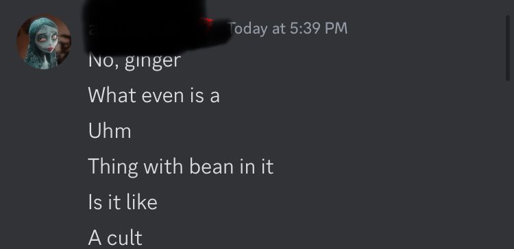 Today at 5:39 PM
No, ginger
What even is a
Uhm
Thing with bean in it
Is it like
A cult