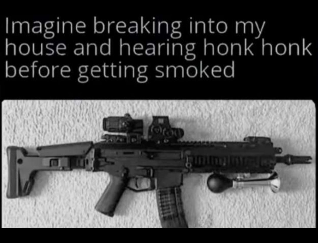 Imagine breaking into my
house and hearing honk honk
before getting smoked