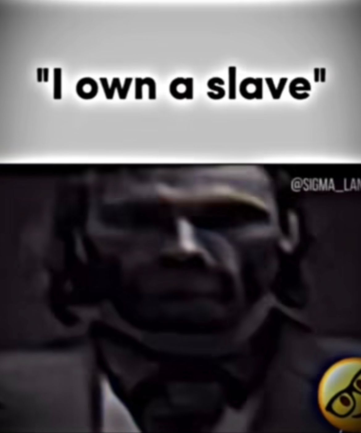 The image shows a blurred, dark picture of a man. Above the man, the text says "I own a slave". There is also a small, yellow emoji in the bottom right.