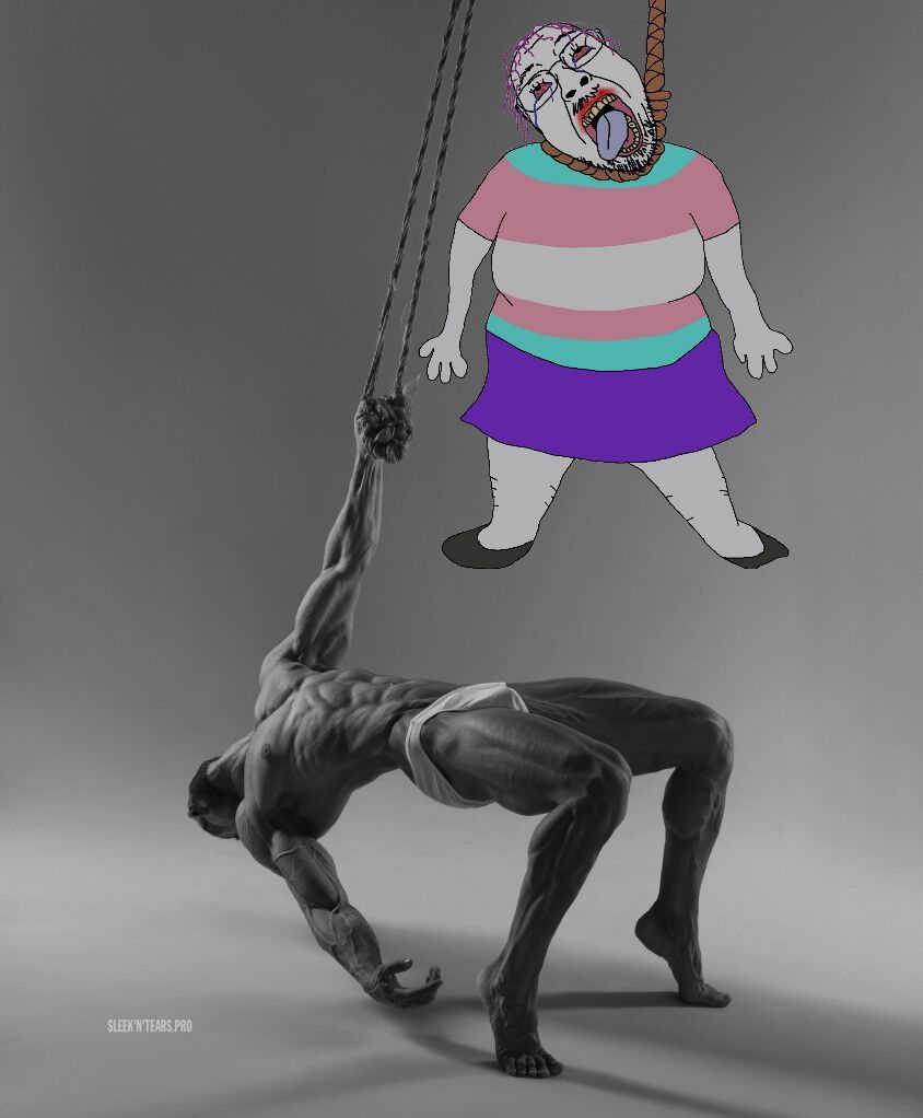 A black and white photograph of a muscular man arching backwards, holding two ropes attached to the ceiling. Above him, a cartoon drawing of a person with pink hair, a blue tongue, and a noose around their neck is hanging from the ropes. The cartoon is wearing a pink and white striped shirt and a purple skirt.