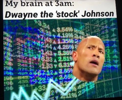 My brain at 3am:
Dwayne the 'stock' Johnson
ROK
%
549
3.34
-3.38号
3.54% 896
4.19% 345
7:43 1.35% 2
+42.4444.25%8
211.43 5.36%
816:40-76.33 2.51%
338.21 +7913.33 6.31%
437.43
489.0+673243.65%
543.5 45
435.951-23.90
234.32
+33
32
96
96 248.43
196375.29
19
96
196
M
2.65%
5.22
5.31
54
143
33
44******
435.
2.1% 234.3257 19.50
96.50 50 17 34.88
7751-$9.41